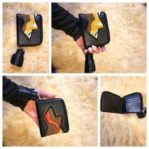 JIM THOMPSON BIFOLD WALLET BLACK LEATHER WITH FABRIC PRINT